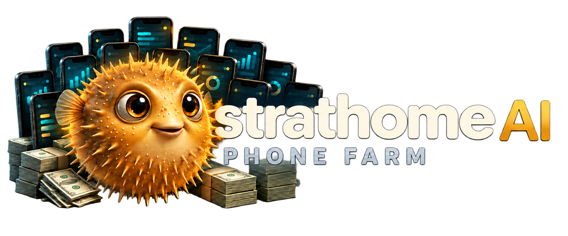 strathome AI — Phone Farm, avec le poisson doré et son parc de téléphones
